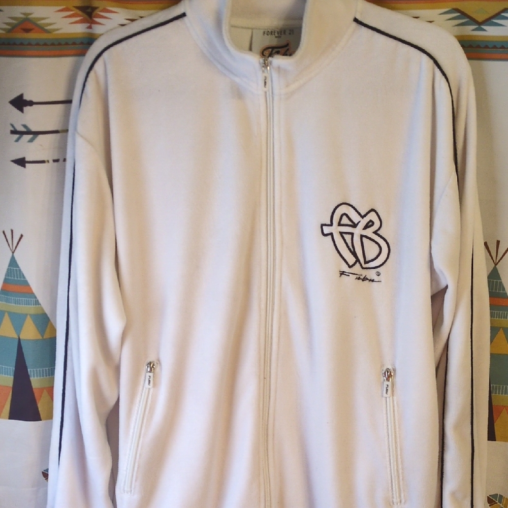 Forever 21 White Zip-Up Jacket with Navy Trim